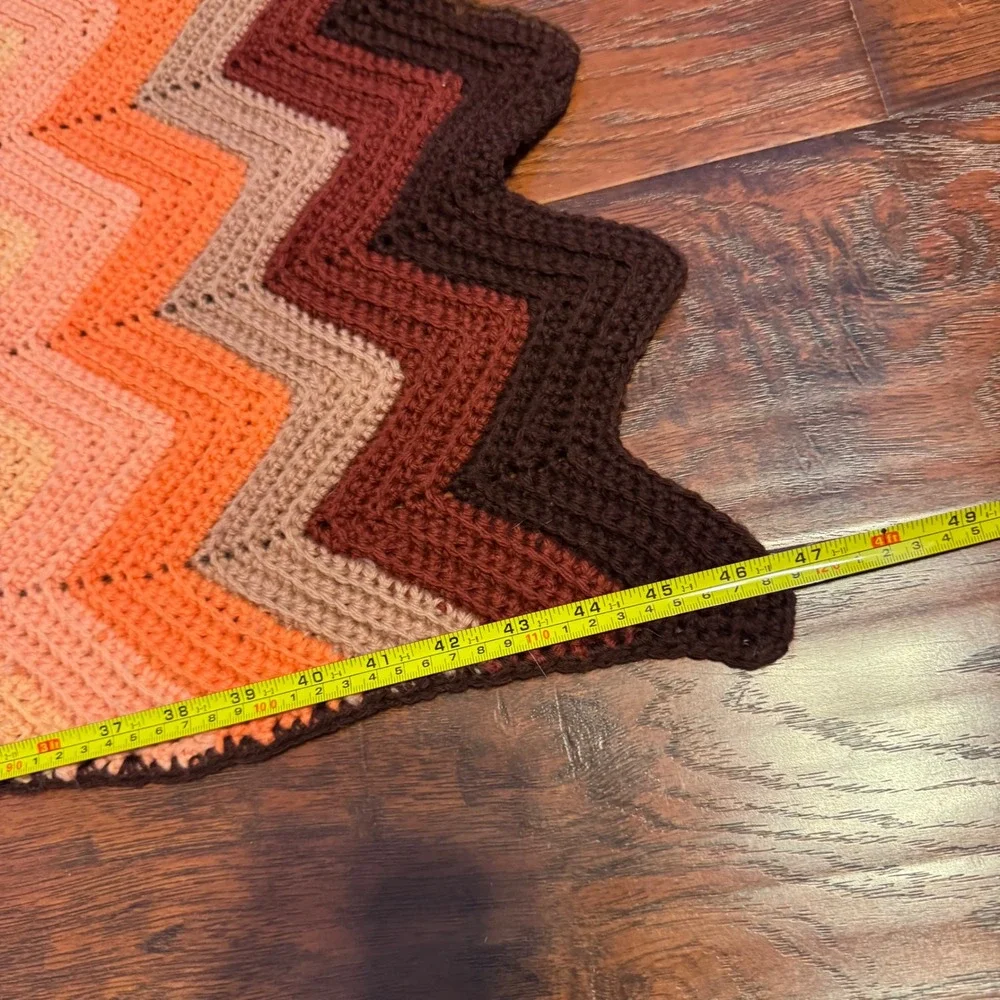 Vintage Retro MCM Grandma Zig Zag Crochet Blanket Throw Brown Multi Color 58x48